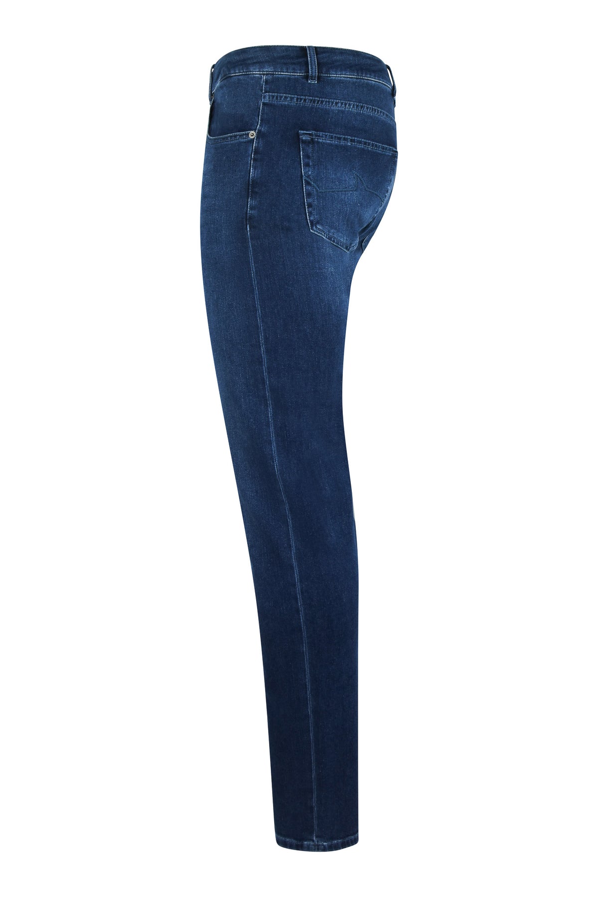 Mid-blue jeans shown from the side, with a slim fit and back pocket