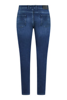Back view of mid-blue jeans with two patch pockets and a black waistband badge