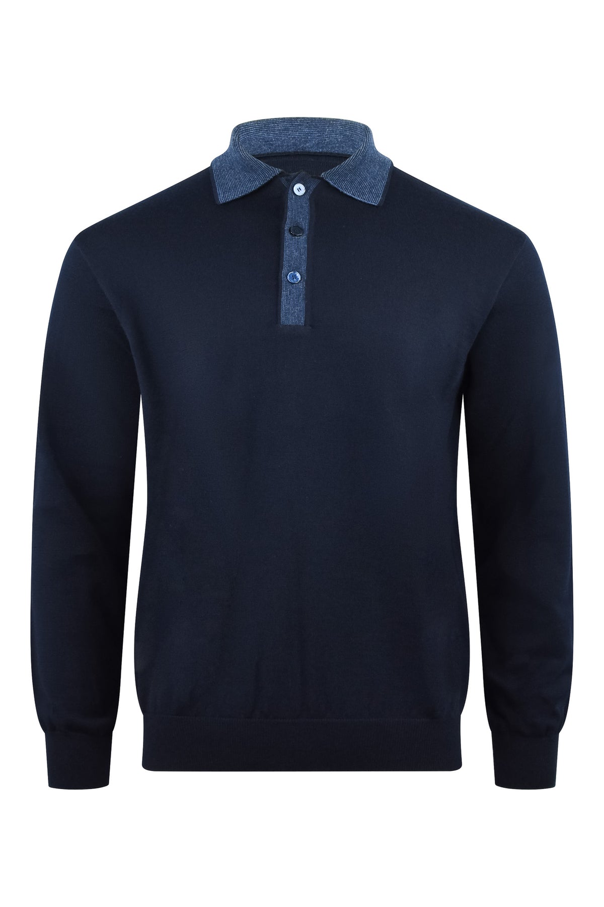 Paul & Shark navy wool polo with long sleeves, blue contrast collar and three-button placket