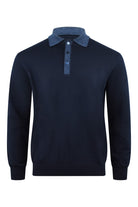 Paul & Shark navy wool polo with long sleeves, blue contrast collar and three-button placket