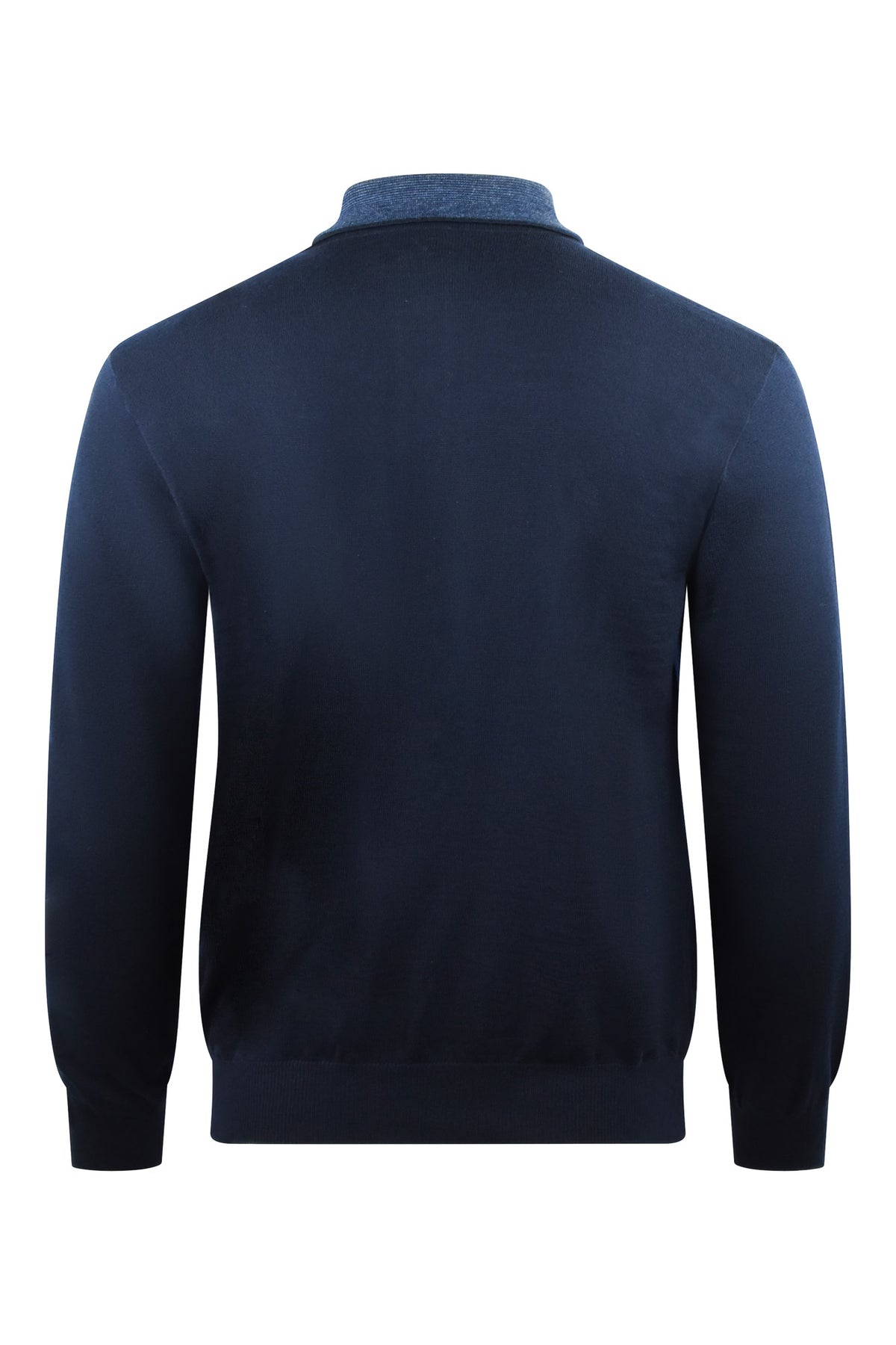 Navy wool polo back with long sleeves and ribbed hem and cuffs