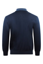 Navy wool polo back with long sleeves and ribbed hem and cuffs