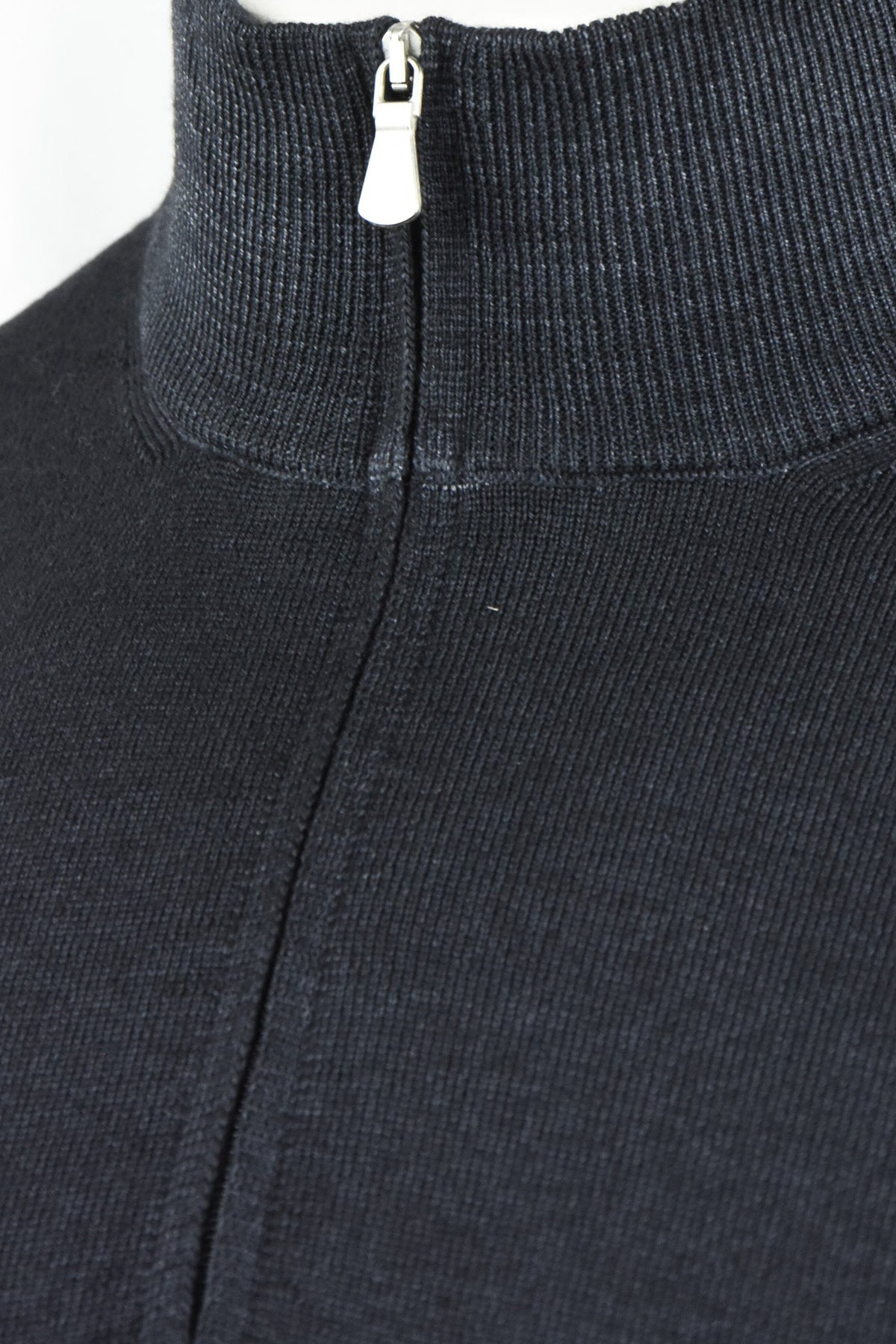 Close-up of the Zattura jumper's zipper pull and ribbed collar