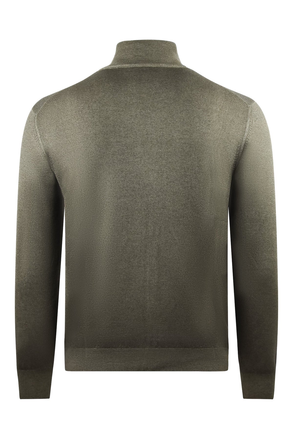 Back of the Zattura light brown jumper with a stand collar and ribbed hem