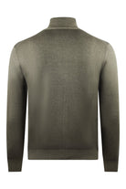 Back of the Zattura light brown jumper with a stand collar and ribbed hem