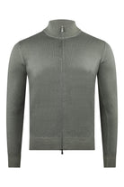 Zattura grey-beige full-zip cardigan with stand collar and long sleeves, front view