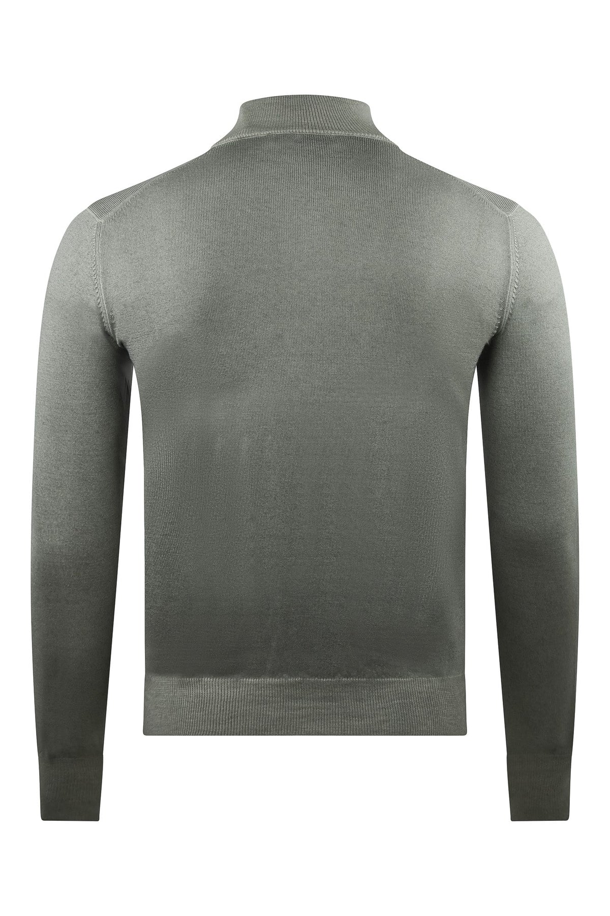 Zattura grey-beige cardigan, back view with stand collar and ribbed hem