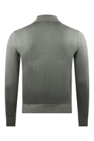 Zattura grey-beige cardigan, back view with stand collar and ribbed hem