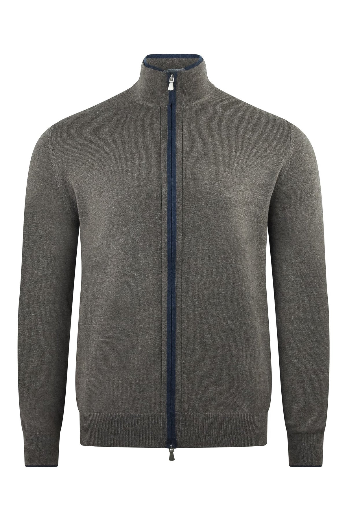 Zattura full-zip knitted cardigan in charcoal gray with a stand collar and blue zipper trim