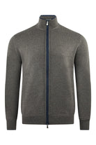 Zattura full-zip knitted cardigan in charcoal gray with a stand collar and blue zipper trim