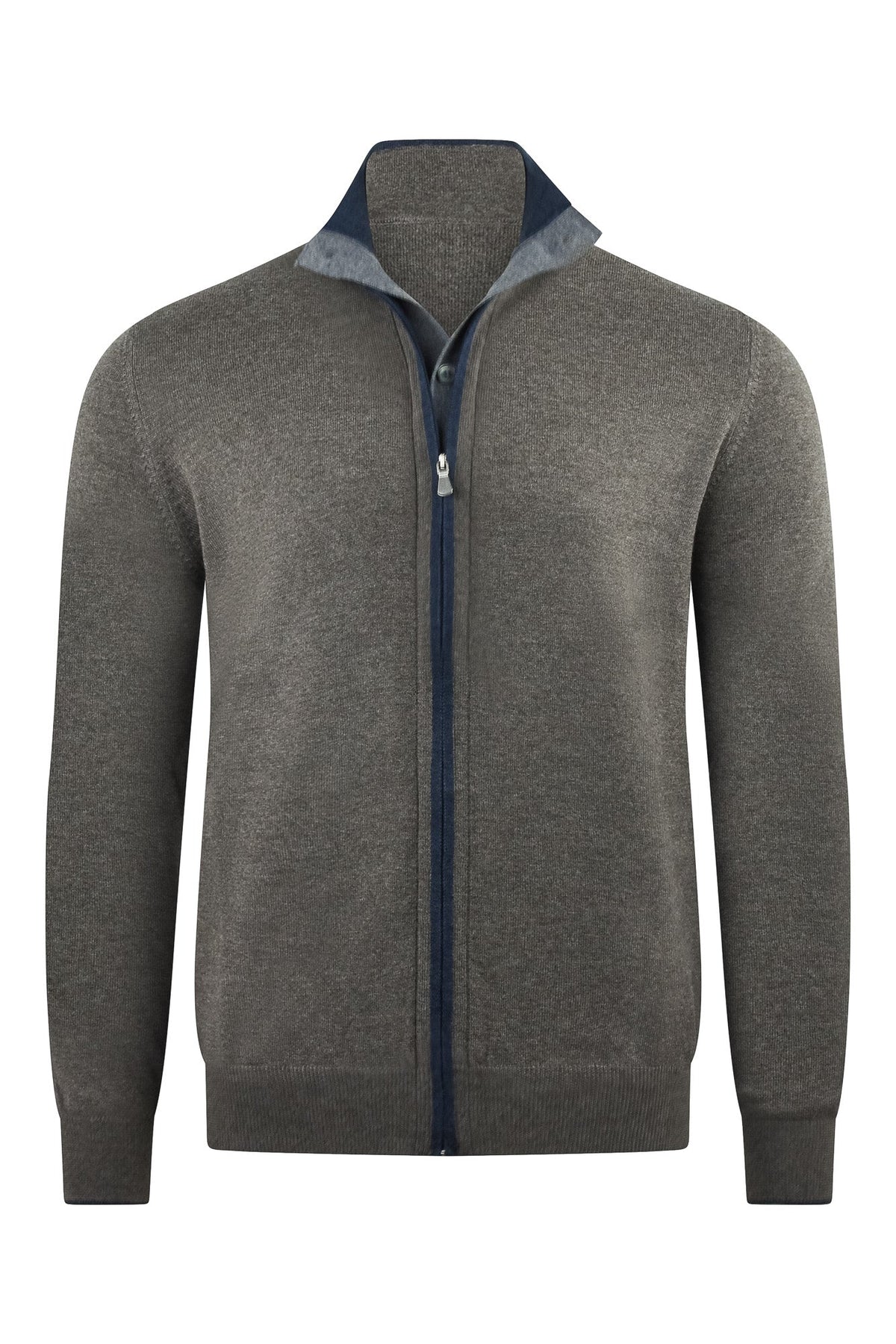 Zattura knitted cardigan with open stand collar, blue zipper trim and full front zip