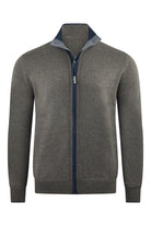 Zattura knitted cardigan with open stand collar, blue zipper trim and full front zip