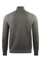 Back of the charcoal gray knitted cardigan with long sleeves and ribbed hem