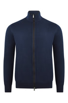 Navy knitted cardigan with a full-length zip and stand collar