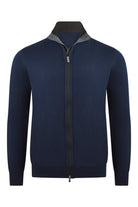 Navy knitted cardigan with zip front, folded collar and gray inner facing