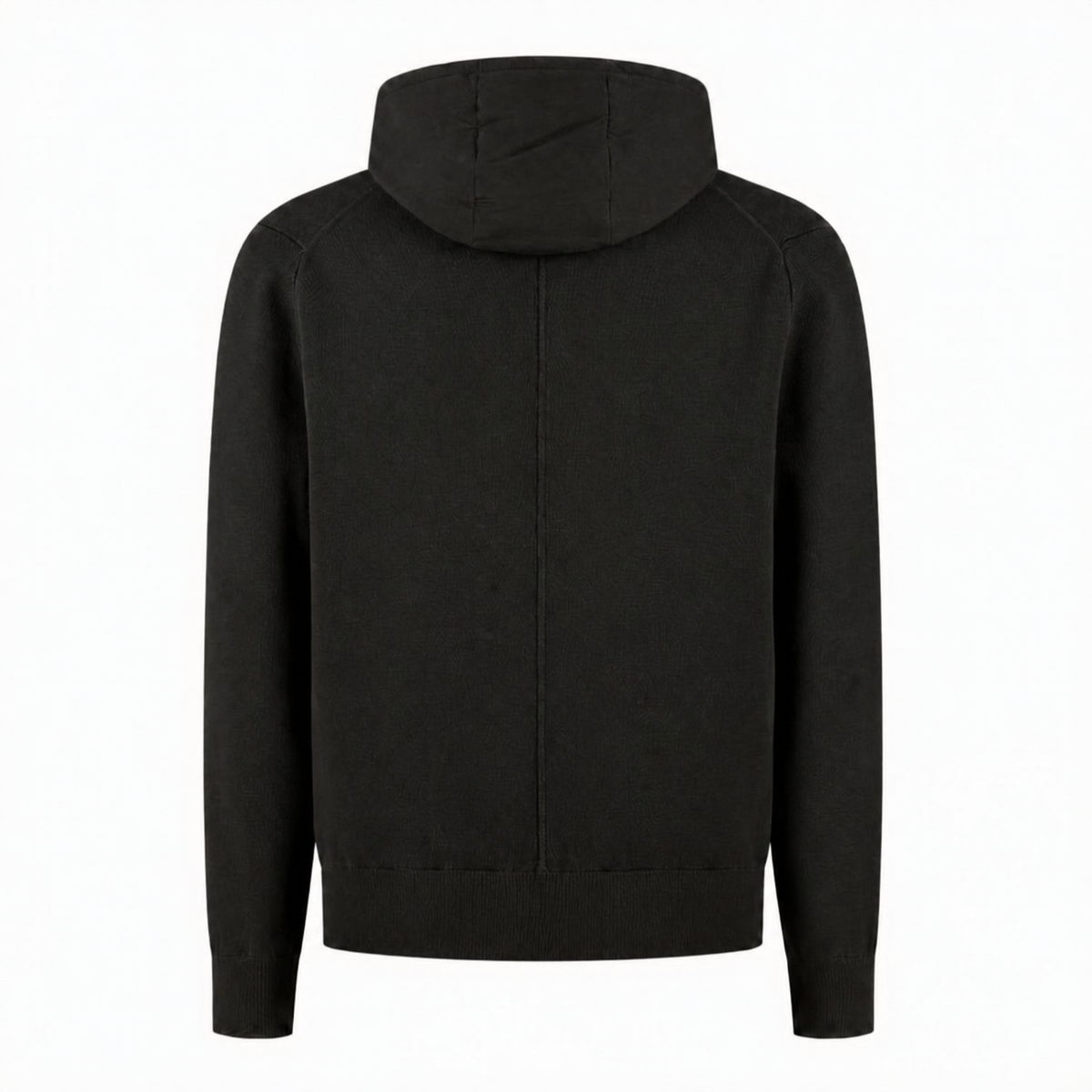 Dark full-zip hoodie with hood, ribbed hem and cuffs
