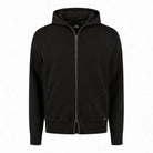Dark full-zip hoodie with hood and long sleeves, front zipper