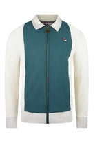 Fila track jacket with teal front panel, white sleeves, stand collar, full zip, logo patch.