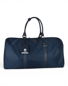 Blue nylon holdall with leather trim, top handles and hanging product tag