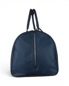 Blue nylon duffel holdall with leather-trim handles and zip-front seam
