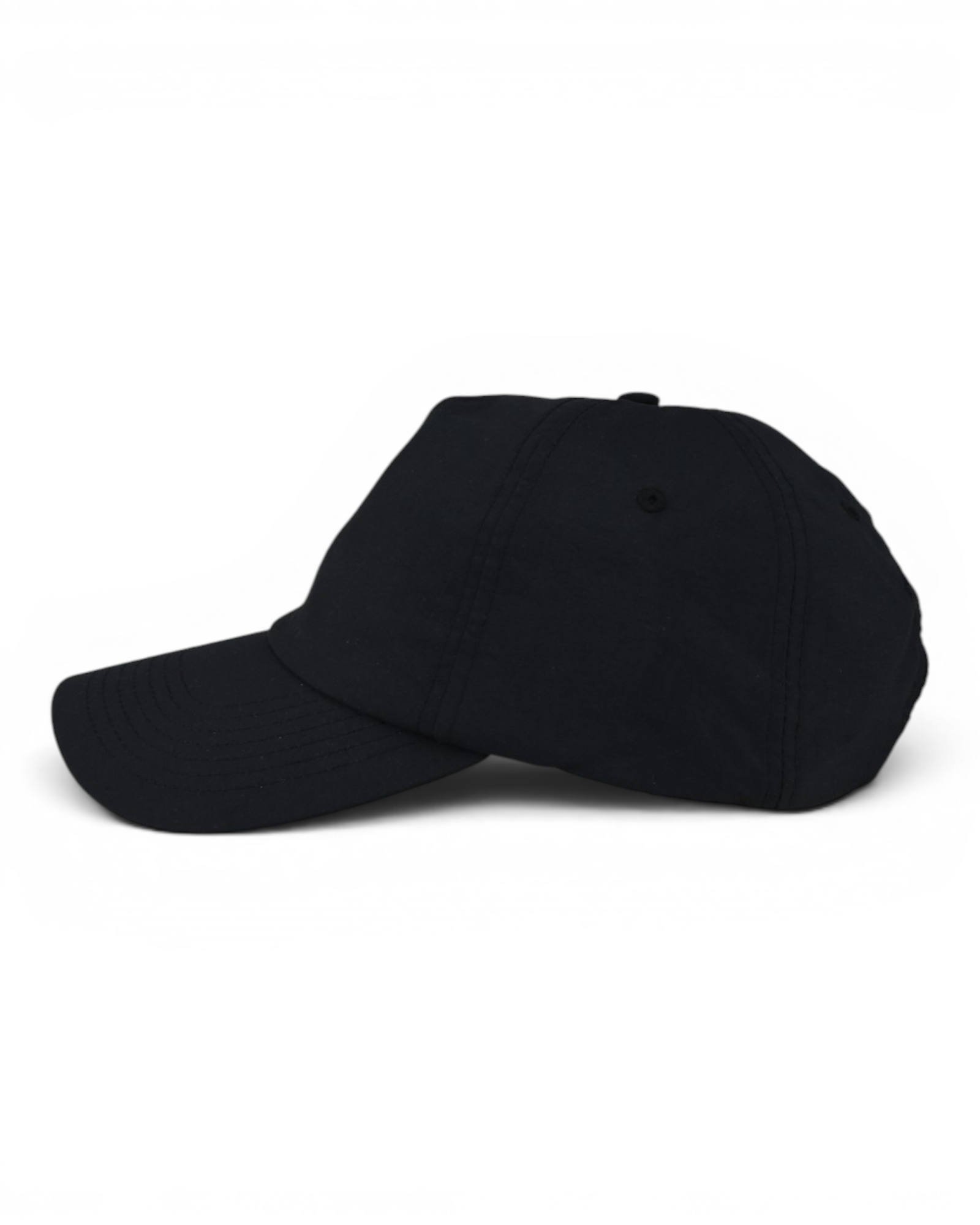 Black nylon baseball cap with curved brim and panel seam stitching