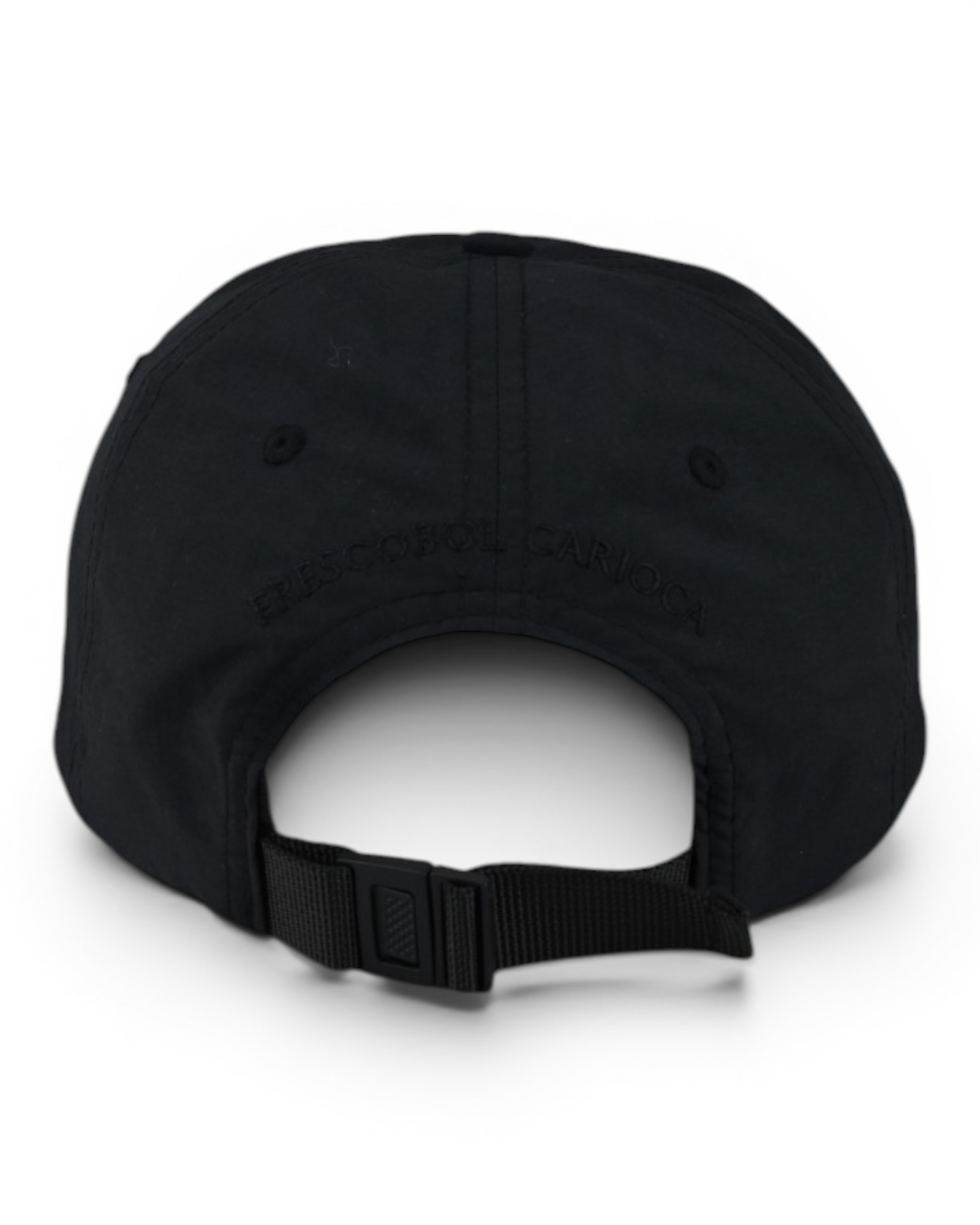 Black nylon baseball cap back with adjustable fabric strap and logo embossing