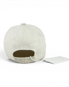 Stone grey linen baseball cap with open back panel and elasticated strap