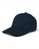Navy blue linen baseball cap with curved brim and top button detail