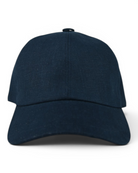Navy blue linen baseball cap, back view with center seam and curved brim