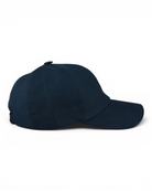 Navy blue linen baseball cap side view with curved brim and stitched panel