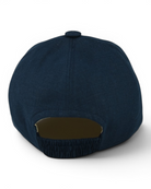 Navy blue linen baseball cap underside with elastic band and open interior