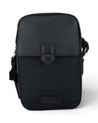 Blue tech-weave crossbody bag with flap and shield clasp, front logo patch.