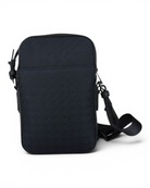 Blue tech-weave crossbody bag back view with zipper top and web shoulder strap.