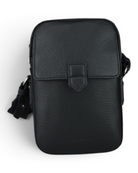 Black leather crossbody bag with front flap, magnetic closure, and adjustable strap