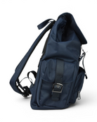 Blue nylon backpack with adjustable shoulder strap, side pockets, and top carry handle.