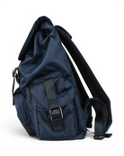 Blue nylon backpack with side strap and small front flap; visible webbing and hardware.