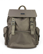 Beige nylon backpack with leather-trim flap, front logo plaque and dual buckle straps.