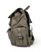Beige nylon backpack with side pocket, front flap buckle, and open main compartment.