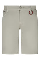 Cloud grey stretch shorts with button fly, belt loops, and front pockets