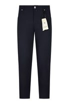 Dark navy tech five-pocket pants with button closure and front brand tag.