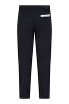 Navy tech five-pocket pants with back waistband and rear pocket stitching.