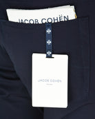 Navy waistband detail with Jacob Cohen label and decorative trim on front.