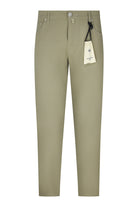 Light taupe stretch chino pants with five pockets and button closure, front view