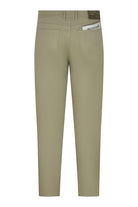Light taupe stretch chino pants with two back pockets and brand patch, straight legs