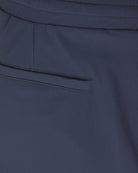 Navy front pocket and waist seam with bartack stitching detail