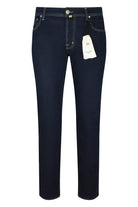 Dark wash stretch denim jeans with belt loops, zip fly, and brand patch tag