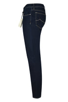 Dark wash stretch denim jeans, rear view with curved yoke pockets and belt loops