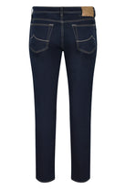 Dark wash stretch denim jeans, back view with stitched patch pockets and belt loops