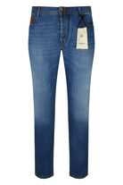Men's blue stretch denim jeans, mid-rise, straight Bard fit, tan brand tag