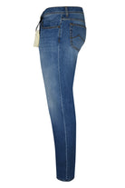 Men's blue stretch denim jeans, side/back view, mid-rise straight leg with belt loops